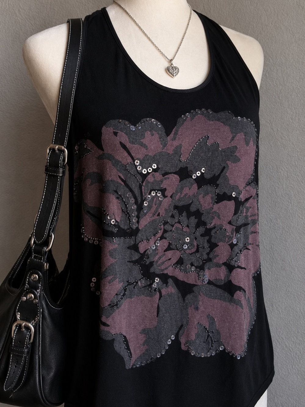 Cynthia Rowley Black Floral Sequence Tank Top Size S Sleeveless Sheer Overlay
